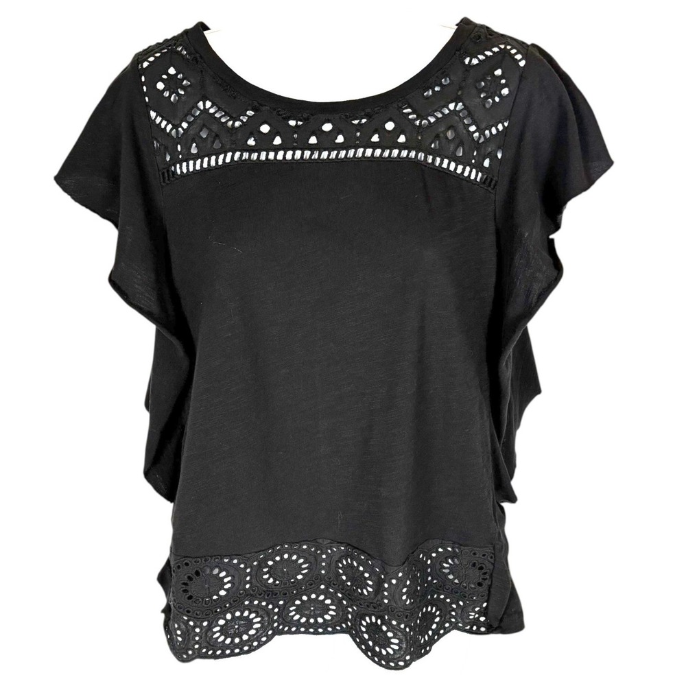 Cato Black Eyelet Lace Top Womens M Cap Sleeve Boho Chic Cottagecore Whimsigoth